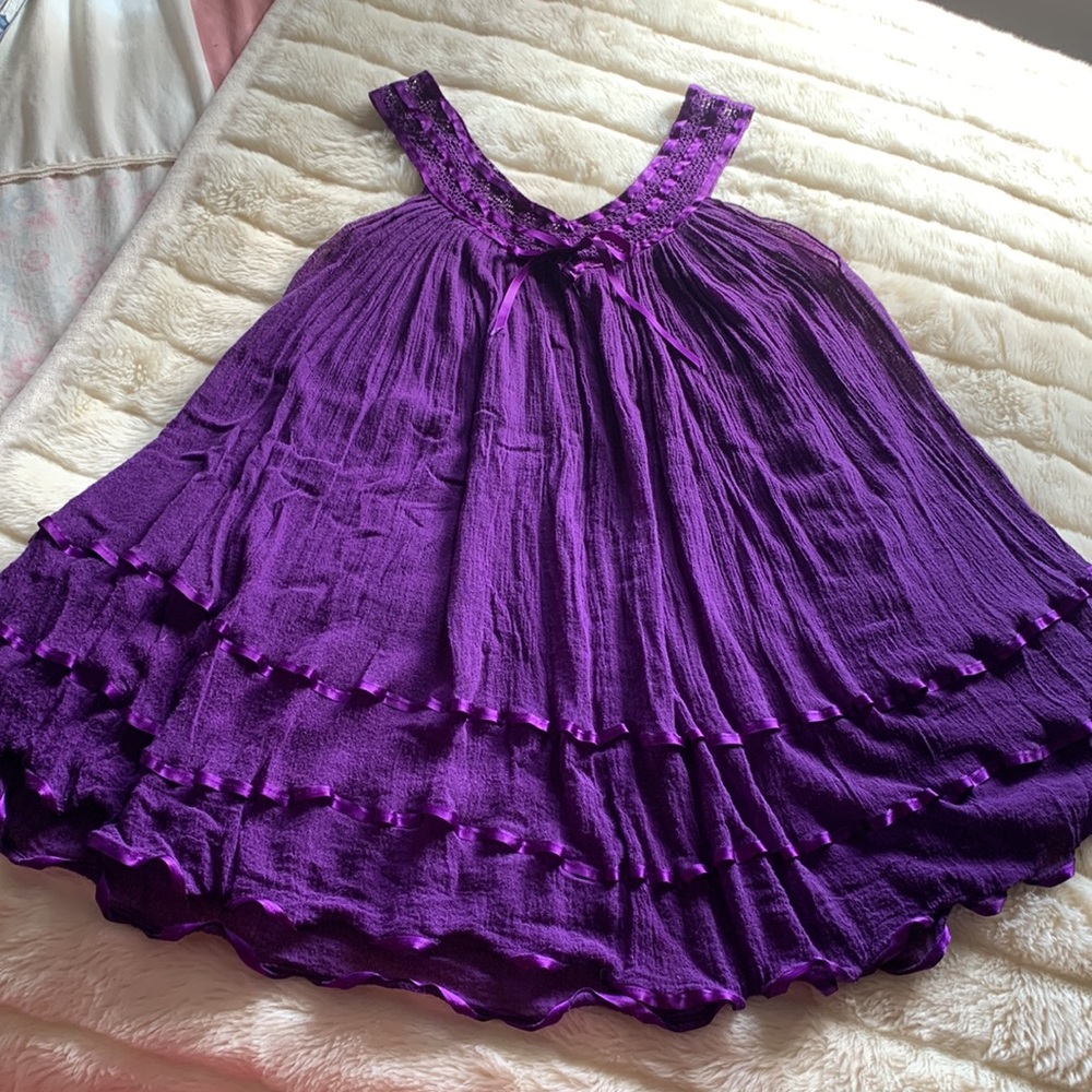 Purple Gauze sleeveless boho tunic mini dress babydoll top L